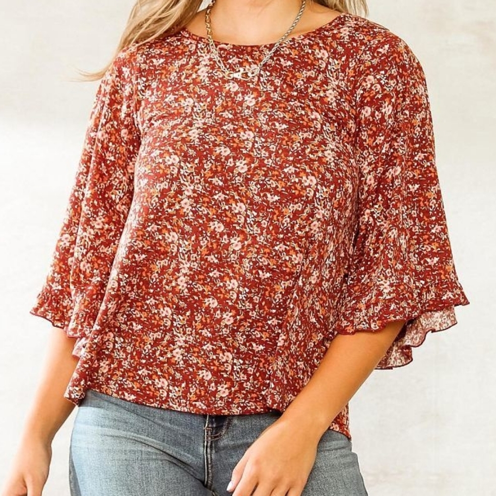 Lady's willow root Red Floral S Ruffle Cottagecore‎ Feminine Bell Sleeves blouse